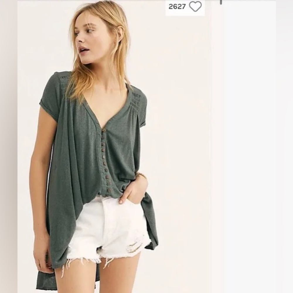 Free People Highland Top T Shirt Button Front High Low Oversized Women’s Size XS